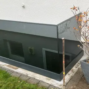 Modernes Glasgeländer mit Aluminiumrahmen an einer Terrasse neben einer Pflanze und Rasen.